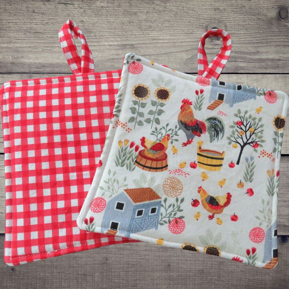 Handmade Potholder Set of 2 Reversible Chickens and Red Gingham Hot Pads
